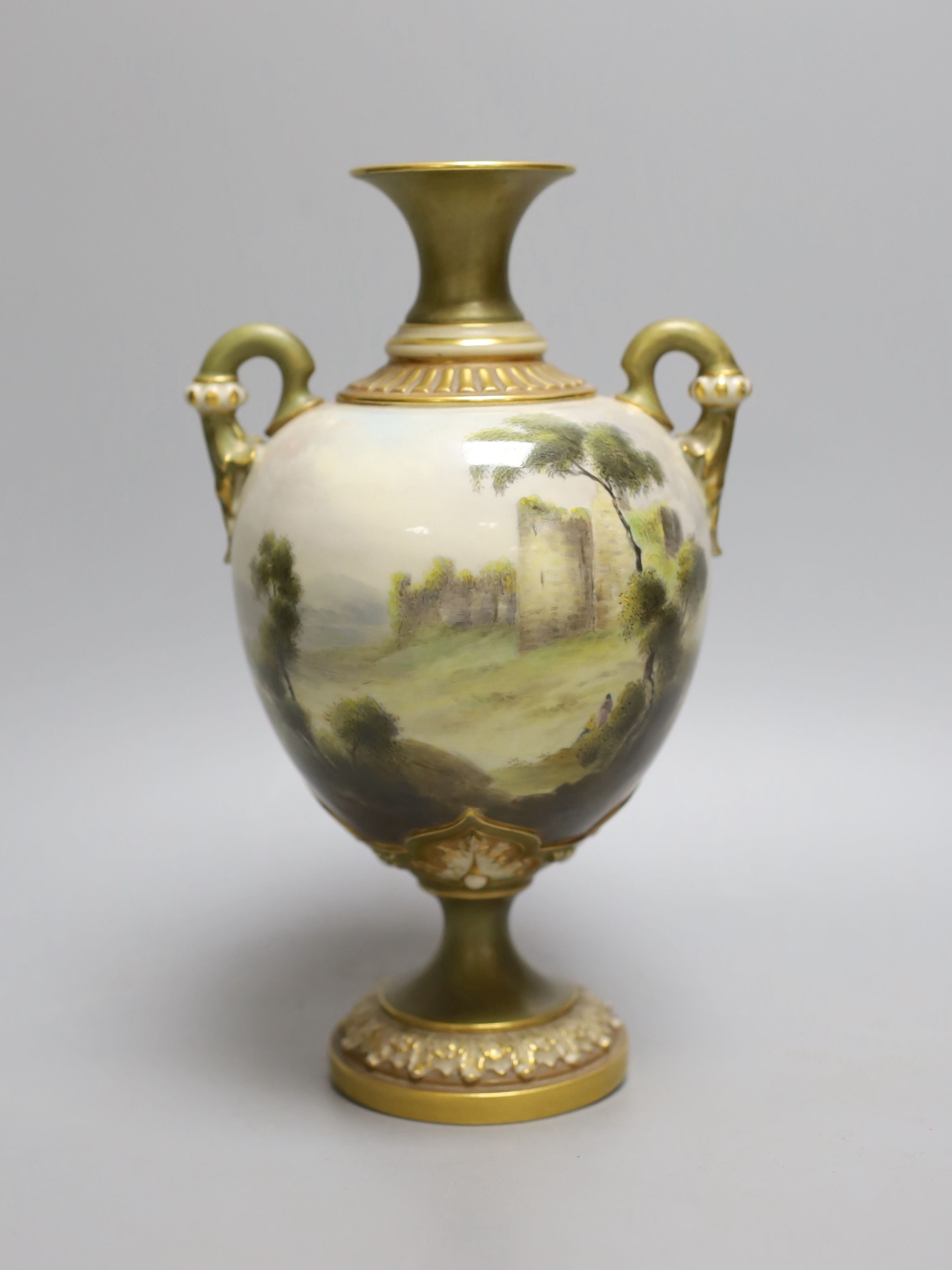 A Royal Worcester two handled vase painted with Caerphilly Castle by C. Johnson, c.1912, 21.5cm tall